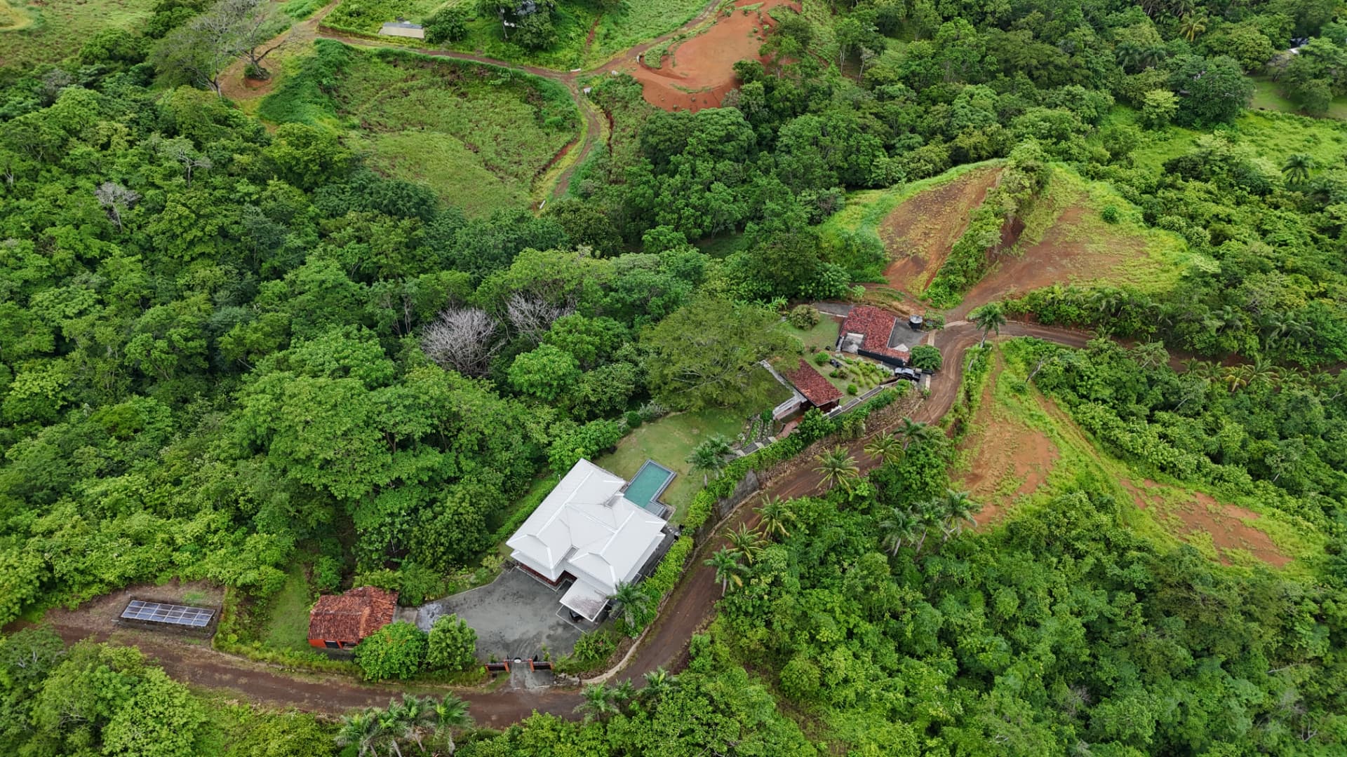 Aerial view of Denter Tumas private estate nestled between the green hills of Cañas, Los Santos, Panama, near Playa Venao on the Azuero Peninsula